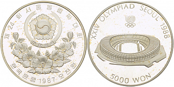 Южная Корея 5000 вон 1987 Олимпийские игры в Сеуле 1988 года, стадион KM 60 серебро PROOF 1074-10-34