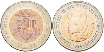 Андорра 2 динера 1984 серия сохраним наш мир, медведь, тираж 5000 экз. KM 19 биметалл UNC 1525-941