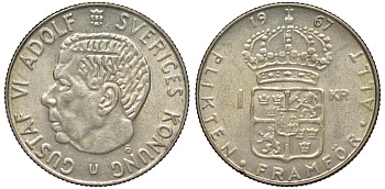 Швеция 1 крона 1967 U, Густав VI Адольф (1950-1973) KM 826 серебро 4178-446