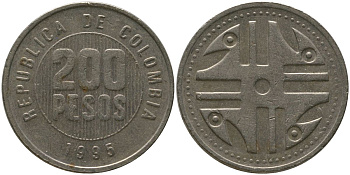 Колумбия 200 песо 1995 KM 287.2, Schon 113, Restrepo 446 никель латунь 4538-323