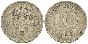 Швеция 10 эре 1929 G, Густав V (1907-1950) KM 780 серебро 3309-838