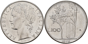 Италия 100 лир 1979 R, Афина у оливкого дерева KM 96.1 нержавеющая сталь 4149-1232