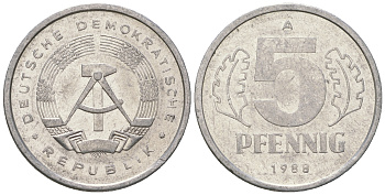 ГДР 5 пфеннигов 1988 A КМ 9.2 алюминий 3458-1264