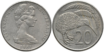 Новая Зеландия 20 центов 1981 Елизавета II (1952-2022), птичка киви KM 36.1 медно-никель 81-623