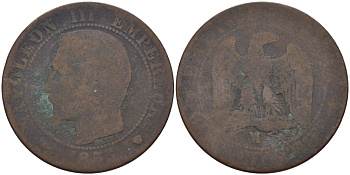 ФРАНЦИЯ 5 САНТИМОВ 1855 МА, НАПОЛЕОН III (1852-1870) KM 777.6, LE FRANC 116.26 бронза 28-641