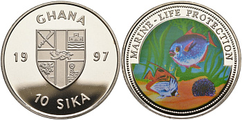 Гана 10 сика 1997 серия защита морской жизни, цветная эмаль KM 22 медно-никель PROOF 02-127-41