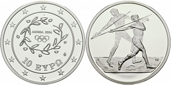 Греция 10 евро 2003 XXVIII летние Олимпийские игры 2004 года в Афинах, метание копья KM 193 серебро PROOF 02-224-45