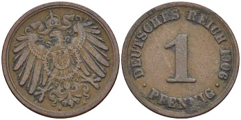 ГЕРМАНИЯ 1 ПФЕННИНГ 1906 А KM 10, J. 10 медь 201-921