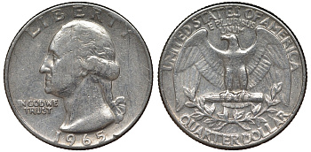 США 25 центов (квотер) 1965 Вашингтон KM 164а медь плакированная медно-никелем 4128-622