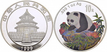 Китай 10 юаней 1999 панда, цветная эмаль KM 1217 серебро PROOF 1077-3-34