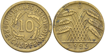 ГЕРМАНИЯ 10 РЕЙХСПФЕННИГОВ 1925 D, ВЕЙМАРСКАЯ РЕСПУБЛИКА KM 40, J. 317, Weege 9 алюминиевая бронза 216-1012
