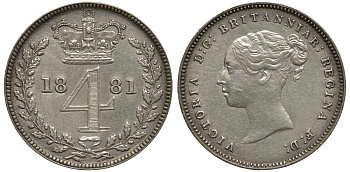 Великобритания 4 пенса 1881 Виктория (1837-1901) KM 732, Spink 3917 серебро 1524-213