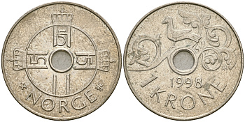 Норвегия 1 крона 1998 Харальд V (1992- ) KM 462 медно-никель 4364-2743