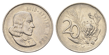 ЮАР 20 центов 1966 Ян ван Рибек (1619-1677), Suid Africa, легенда на африкаанс, цветок протея KM 69.2 никель 4693-655