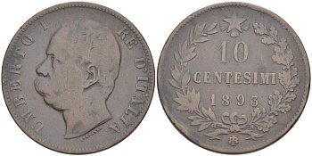 ИТАЛИЯ 10 ЧЕНТЕЗИМО 1893 BЛ, МОНДВОР БИРМИНГЕМ, УМБЕРТО I (1878-1900) KM 27.1 медь 4526-943