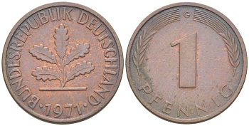 ФРГ 1 ПФЕННИГ 1971 G KM 105, J. 380 сталь плакированная медью 4181-558
