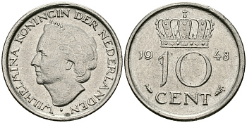 Нидерланды 10 центов 1948 Вильгельмина (1895-1948) KM 177 никель 96-539