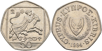 Кипр 50 центов 1994 похищение Европы KM 66 медно-никель 4141-1237