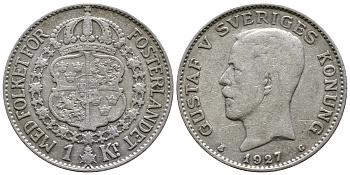 Швеция 1 крона 1927 G, Густав V KM 786.2 серебро 4178-623