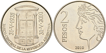 Аргентина 2 песо 2010 75 лет Центральному Банку KM 162 медно-никель UNC 4607-625