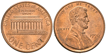 США 1 цент 1996 Авраам Линкольн  KM 201b цинк плакированная медью aUNC 220-1156