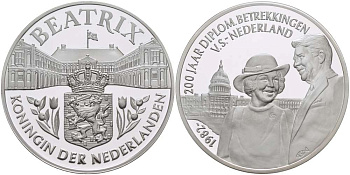 Нидерланды медаль ND Королева Беатрикс, 200 лет международным отношениям между Нидерландами и США, Беатрикс и президент Рональд Рейган 1982 год, диаметр 38,5 мм., вес 22,12 гр.  серебро  PROOF  11-154-24