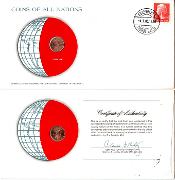 Дания 5 эре 1979 конверт с маркой первого дня гашения, Coins of Nations KM 859 железо плакированное медью UNC 4295-6-2