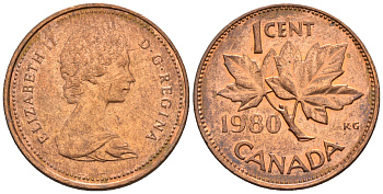 Канада 1 цент 1980 Елизавета II (1952-2022), кленовый лист KM 127 бронза 4609-153