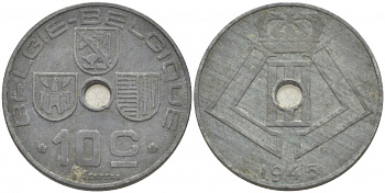 БЕЛЬГИЯ 10 САНТИМОВ 1945 BELGIE-BELGIQUE KM 126 цинк 87-1411