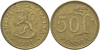 ФИНЛЯНДИЯ 50 ПЕННИ 1971 S KM 48 алюминиевая бронза 28-137