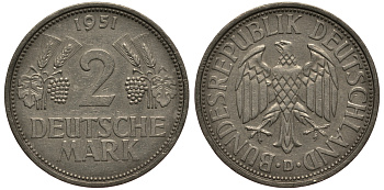 ФРГ 2 марки  1951 D J 386, KM 111 медно-никель плакированный никелем 3711-543