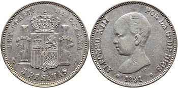Испания 5 песет 1891 PG-M, Альфонсо XIII (1886-1931) KM 689 серебро 02-252-25