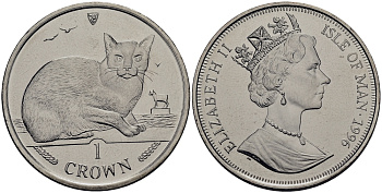 Остров Мэн 1 крона 1996 Бирманская кошка КМ 621 медно-никель UNC M80-18