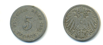 ГЕРМАНИЯ 5 ПФЕННИГОВ 1891 A, KM 11, J. 12 медно-никель 4379-341