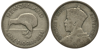 Новая Зеландия 1 флорин 1934 Георг V (1910-1936), птичка киви KM 4 серебро 272-1314