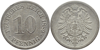 ГЕРМАНИЯ 10 ПФЕННИГОВ 1889 D, СТАРОГЕРБОВКА KM 4, J.4 медно-никель 4395-1233