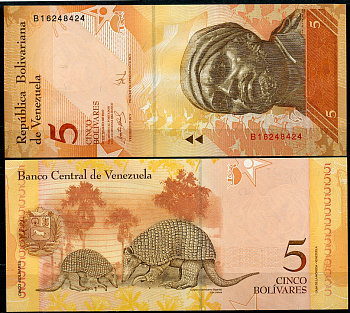 Венесуэла 5 боливаров 2007 20 марта 2007, Негро Примеро, гигантские броненосцы, серия B Pick 89 a  бумага  UNC (пресс) 449-95-3