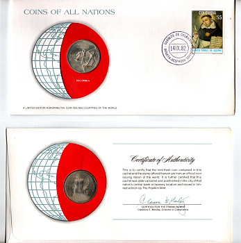 Колумбия 10 песо 1981 конверт с маркой первого дня гашения, Coins of Nations KM 270 медь цинк никель UNC 4294-3-3