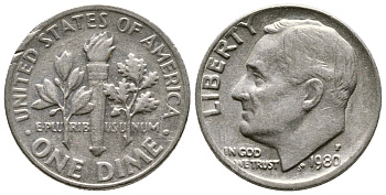 США 10 центов = дайм 1980 P, Рузвельт KM 195а медь плакированная медно-никелем 220-422