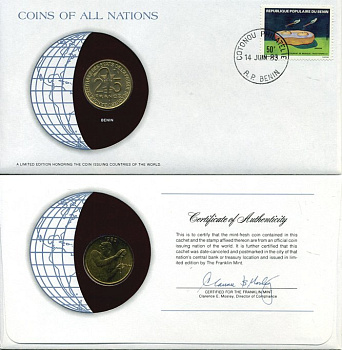 ВАЛЮТНЫЙ СОЮЗ СТРАН ЗАПАДНОЙ АФРИКИ 25 ФРАНКОВ 1982 монета в конверте с маркой и спецгашением UNC 4294-45-1