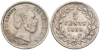 Нидерланды 5 центов 1859 Виллем III (1849-1890) KM 91 серебро 4576-337