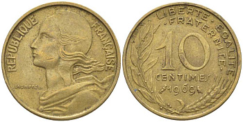 ФРАНЦИЯ 10 САНТИМОВ 1969 ТИП MARIANNE KM 929, LE FRANC 144.9 медь алюминий никель 116-116