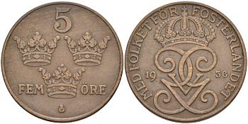 Швеция 5 эре 1936 Густав V (1907-1950), short 6 KM 779.2 бронза 4557-633