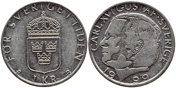 Швеция 1 крона 1999 Карл XVI Густав (1973- ) KM 852a медно-никель 4610-727