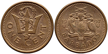 Барбадос 1 цент 1997 сломанный трезубец Британии KM 10а цинк плакированный медью 4398-613