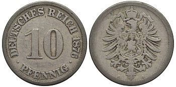 ГЕРМАНИЯ 10 ПФЕННИГОВ 1876 A, СТАРОГЕРБОВКА KM 4, Jager 4, Weege 7 медно-никель 4546-1131