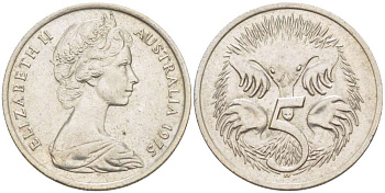 АВСТРАЛИЯ 5 ЦЕНТОВ 1975 ЕЛИЗАВЕТА II (1952-) МОЛОДОЙ ПОРТРЕТ, ЕХИДНА KM 64 медно-никель 4516-656