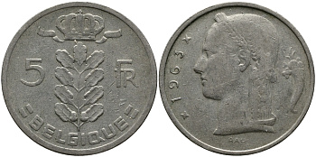 БЕЛЬГИЯ 5 ФРАНКОВ 1963 BELGIQUE KM 134.1 медно-никель 98-632