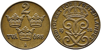 Швеция 2 эре 1932 Густав V (1907-1950) KM 778 бронза 4385-1014