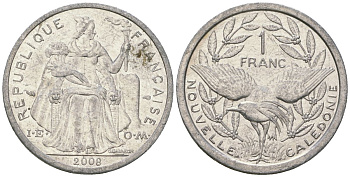 Французская Новая Каледония 1 франк 2008 птица кагу, (IEOM) KM 10, Schoen 10 алюминий 55-612